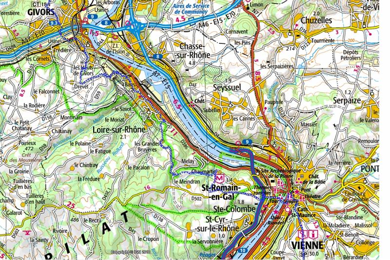 07-03 Karte.jpg - Unsere dritte Etappe mit 19 km: Von Givors aus geht es zunächst südöstlich bis St-Romain-en-Gal. Dort überqueren wir die Rhône und schon sind wir in Wien - pardon, Vienne.